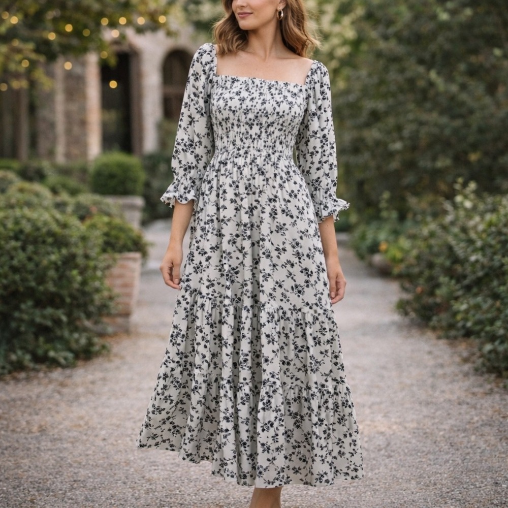 La February Floral Maxi Dress Womens S White Black Polyester Boho Smocked Tiered